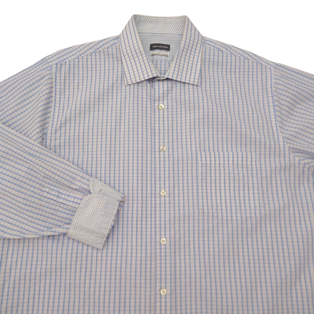 Van Heusen Shirt Mens 16.5 34/35 L Air Regular Fit Stretch Blue White Windowpane